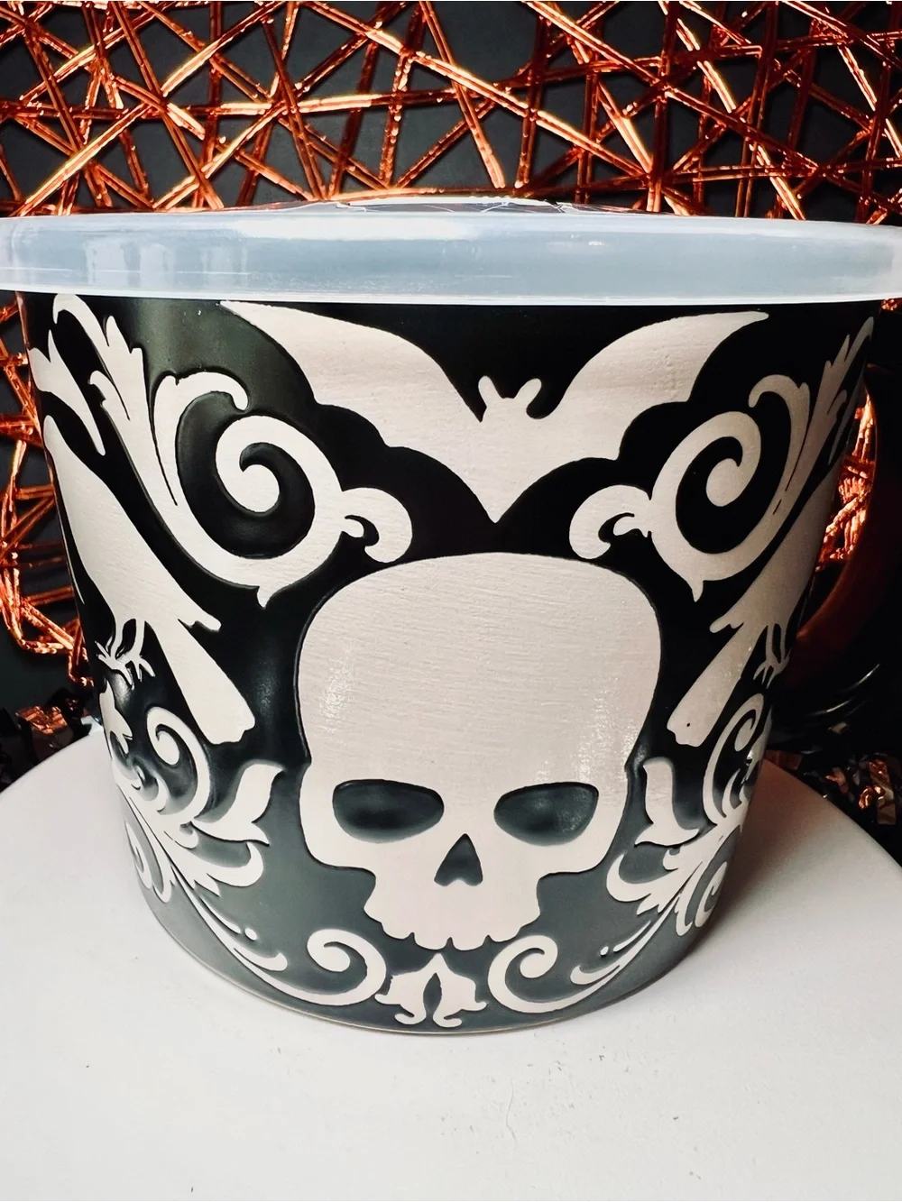 Black & White Skull Soup Mug with Lid Gothic Raven & Bats Halloween Stoneware
